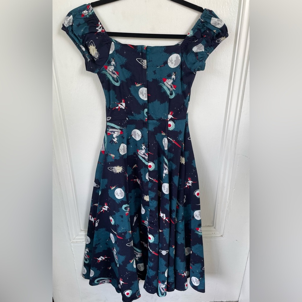 Collectif Blue Cosmic Space Babe Rocket Print Dress WITH POCKETS!!! - Picture 6 of 8